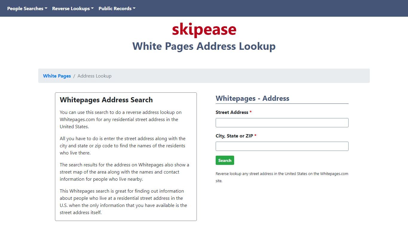 Whitepages Reverse Street Address Lookup | Skipease